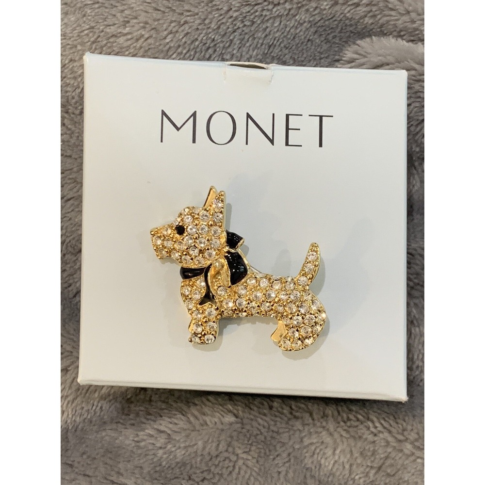 VINTAGE SIGNED MONET RHINESTONE ENAMEL SCOTTIE TERRIER WESTIE DOG BROOCH PIN